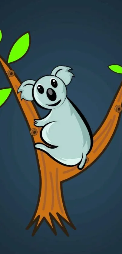 Cartoon koala sitting on a tree with green leaves.