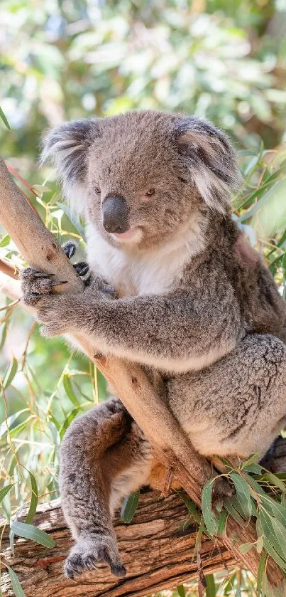 Adorable koala sitting on a eucalyptus tree in a lush green forest wallpaper.