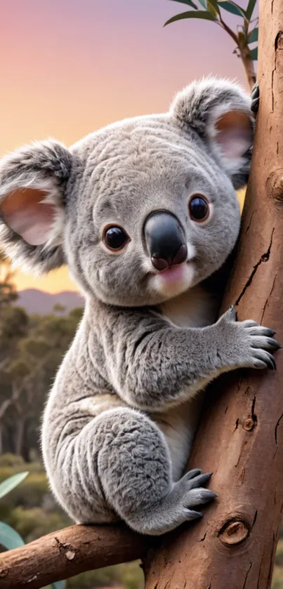 Adorable koala hanging on tree branch in serene natural setting.