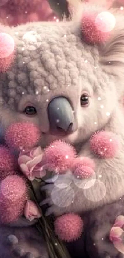 Fluffy koala with pink blossoms, calm mobile wallpaper.