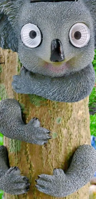 Adorable koala toy hugging a tree in a vibrant green garden.