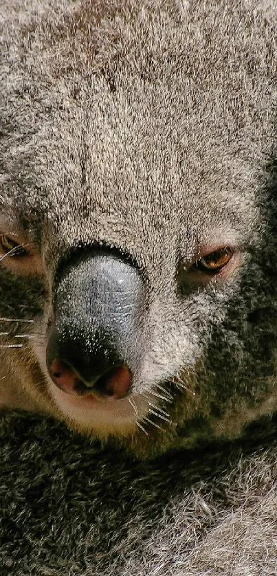 Gray koala resting on a tree trunk with soft fur in natural habitat.