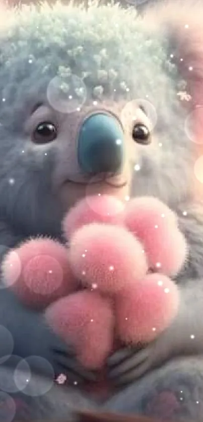 Adorable koala with pink fluffy flowers on a soft pastel background.