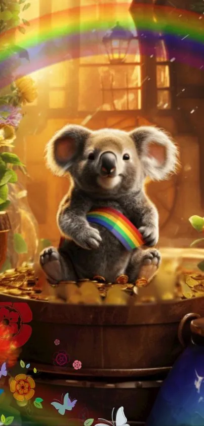 Cute koala holding rainbow in magical setting with warm colors.