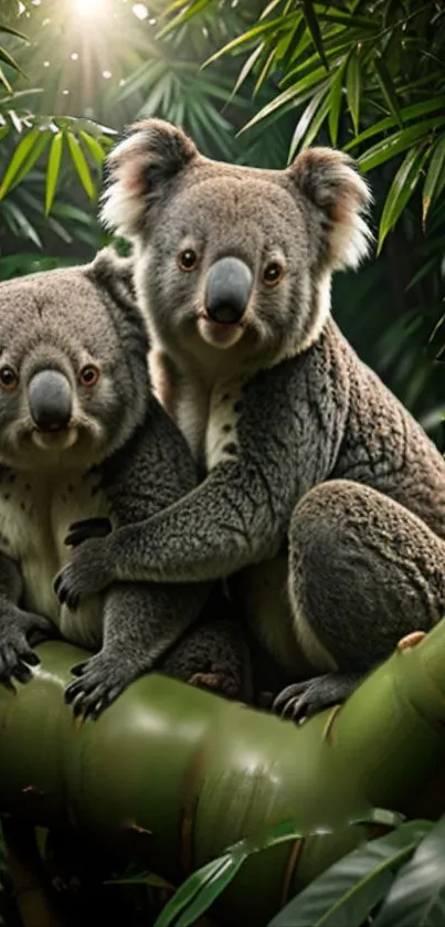 Two adorable koalas sitting on bamboo amid lush green foliage.