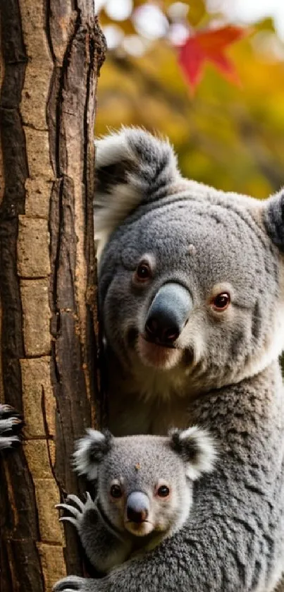 Adorable koala duo in autumn forest scene