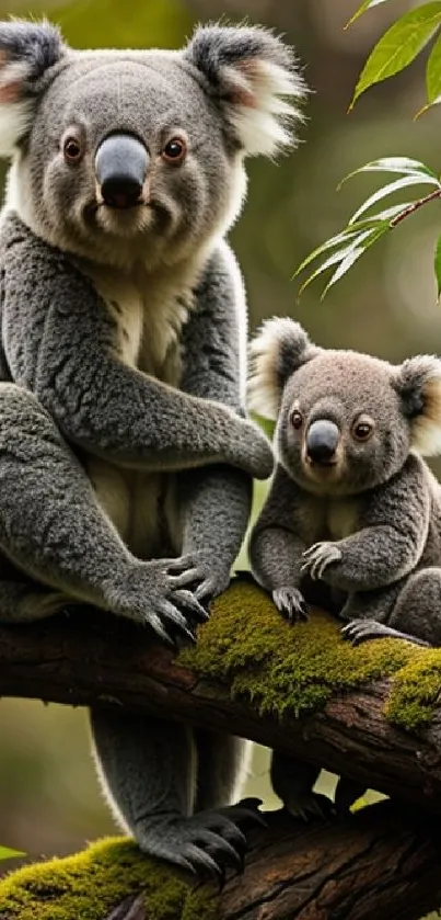 Cute koalas perched on a mossy branch in a lush green forest setting.