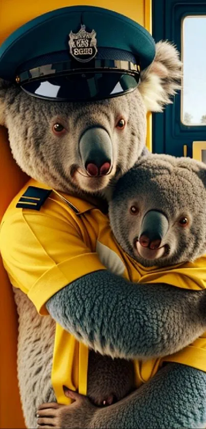 Adorable koalas in yellow uniforms mobile wallpaper.