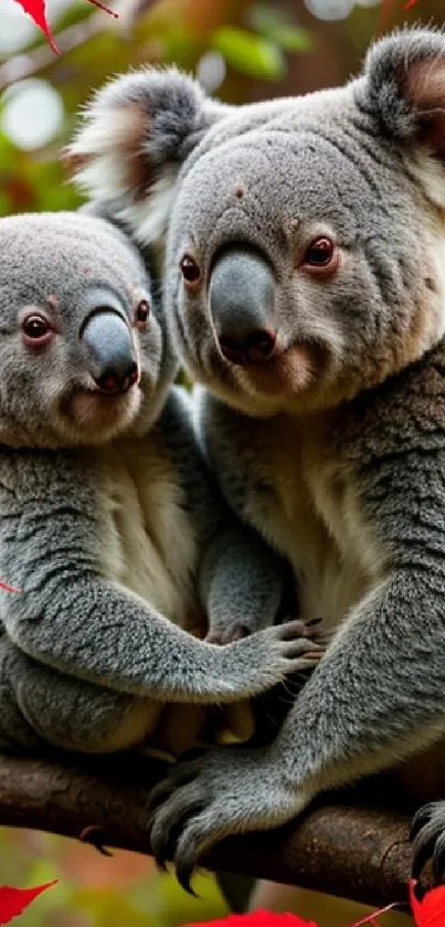 Two koalas sitting on a branch with bright red leaves.