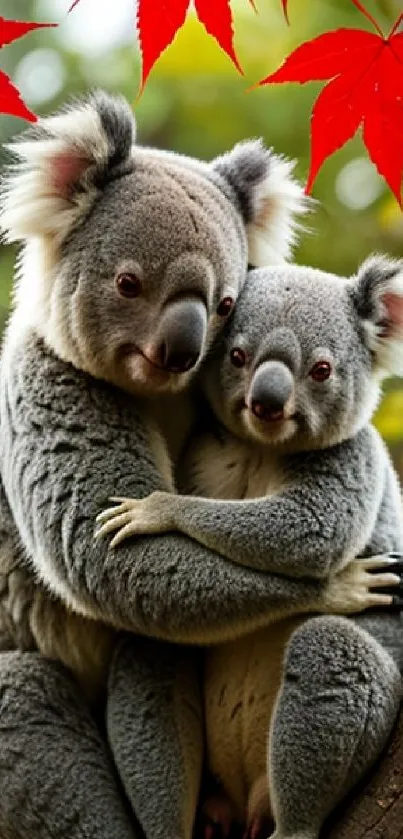 Adorable koalas hugging on a tree with red leaves in the background.