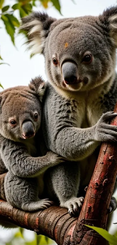 Two cute koalas perched on a tree branch with leafy background.