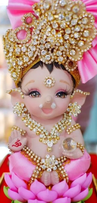 Cute Krishna figurine wallpaper with pink lotus and gold jewels.