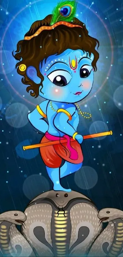 Cute baby Krishna standing on serpent with flute.