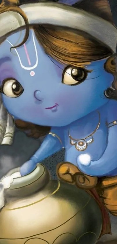 Cute blue Krishna with butter pot illustration.