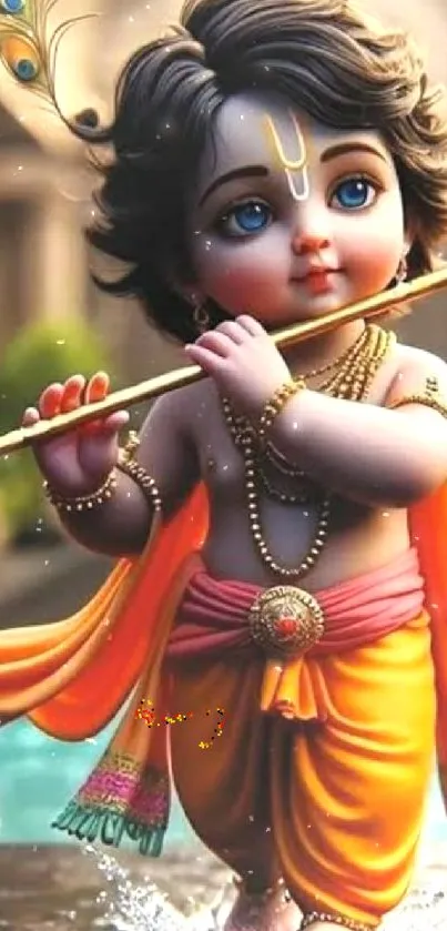 Adorable baby Krishna playing the flute.