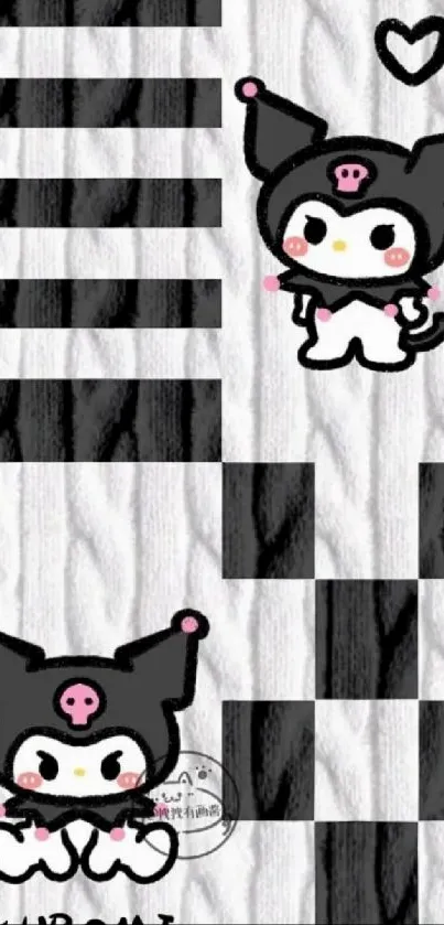 Kuromi cartoon wallpaper with black stripes and hearts.