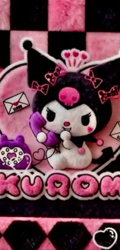 Cute Kuromi cartoon wallpaper in pink and black hues.
