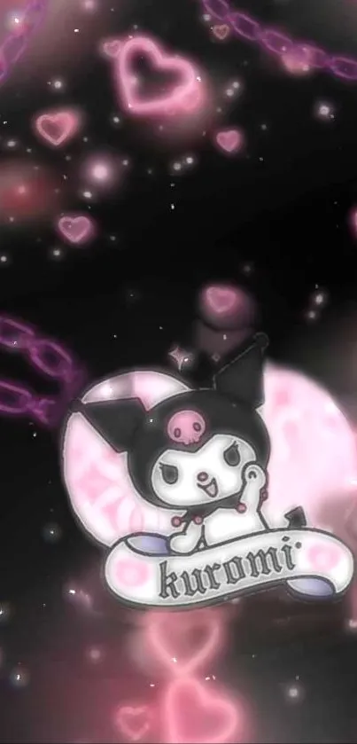 Cute Kuromi wallpaper with pink hearts and chains on a starry black background.