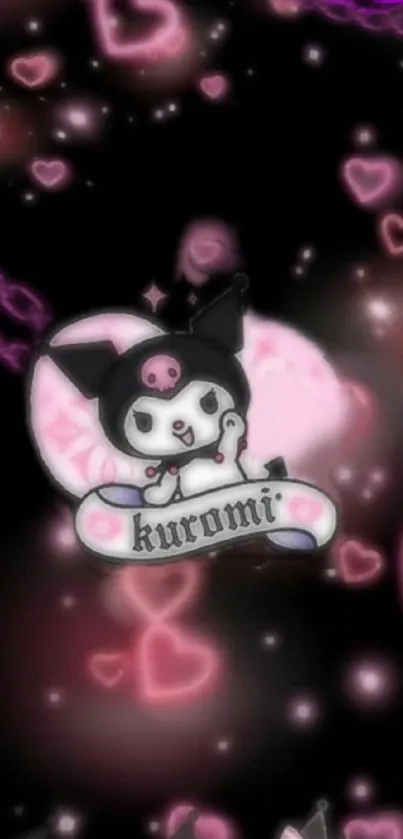 Cute Kuromi, pink hearts, black background.