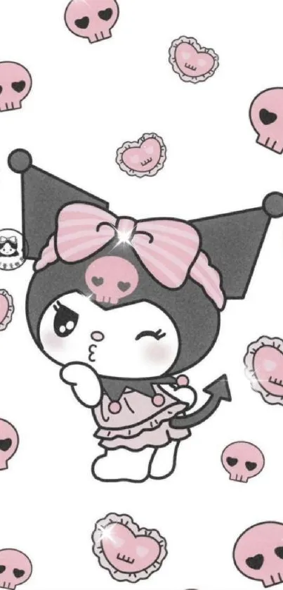 Adorable Kuromi wallpaper with pink hearts and skulls.