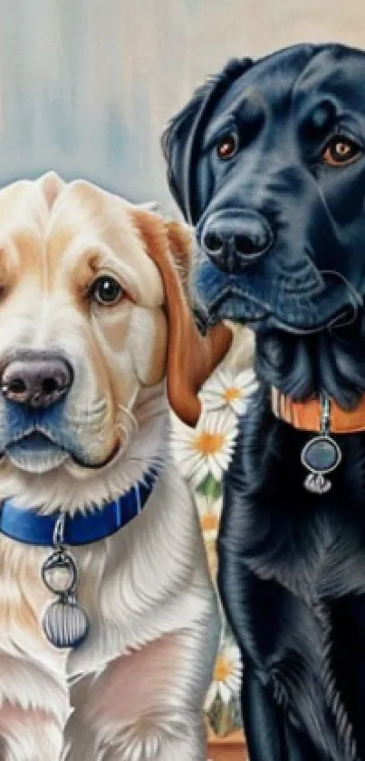 Illustration of two Labrador puppies with colorful flowers in the background.