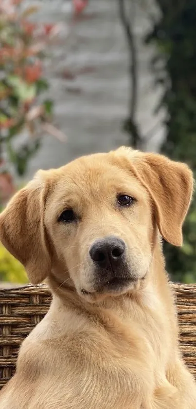 Labrador retriever sitting on wicker chair outdoors.