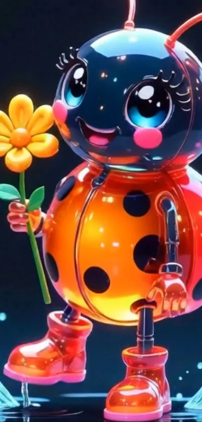 Cute ladybug robot holding a flower.