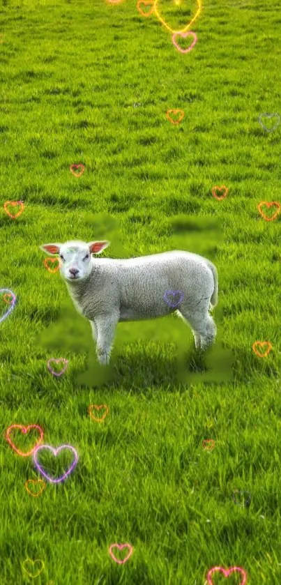 Cute lamb in a vibrant green field with colorful hearts on a mobile wallpaper.