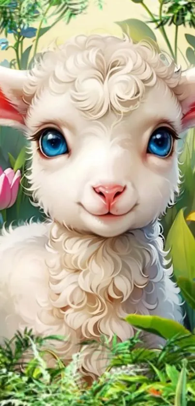 Cute lamb with blue eyes amidst flowers in a green garden.