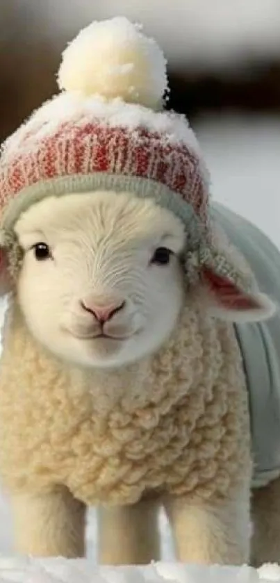 Cute lamb in winter attire with snow background.