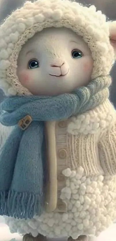 Adorable lamb in cozy winter outfit with a blue scarf.