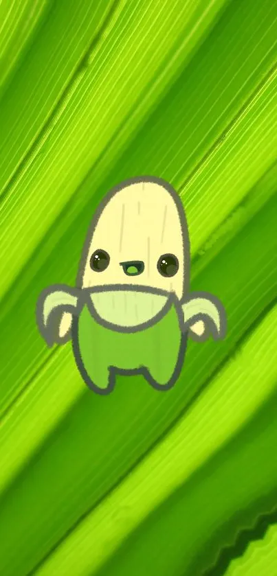 Cute cartoon character on green leaf background.