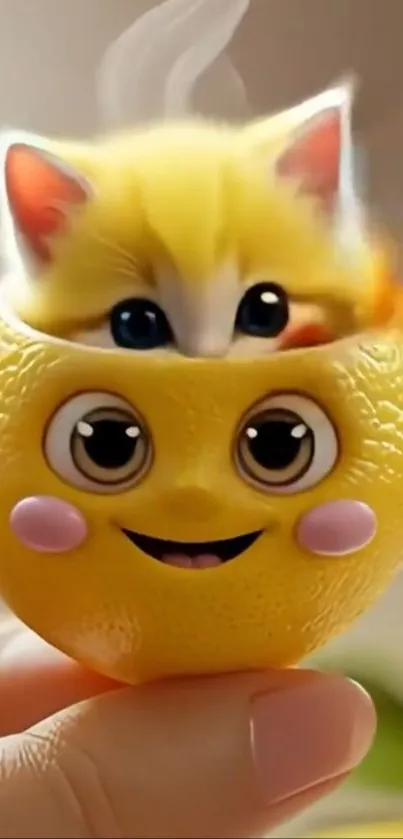 Cute kitten peeking from a lemon-shaped mug.