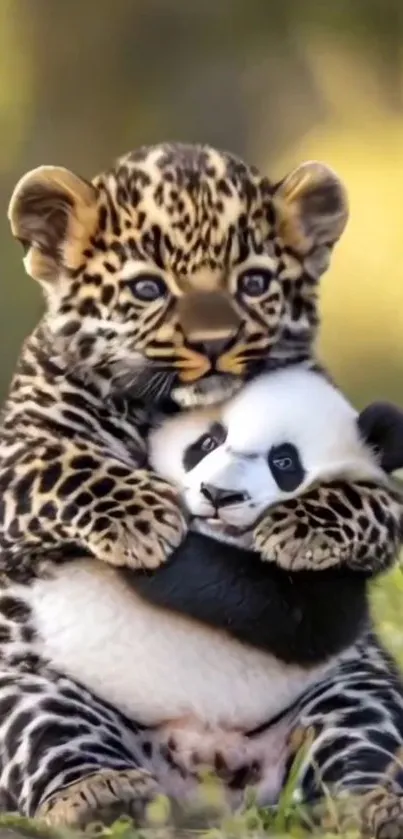 Leopard cub hugging a panda plush toy on grass.