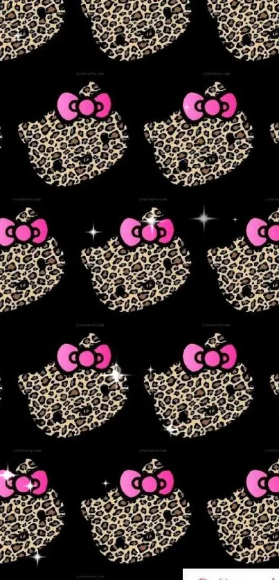 Leopard print and pink bows on black wallpaper.