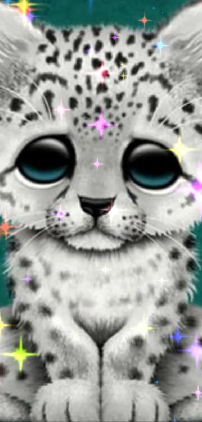 Cartoon baby leopard on teal background.