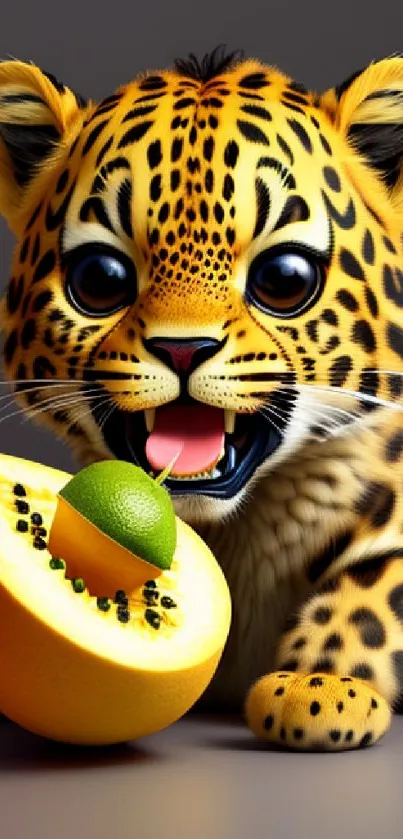 Adorable leopard cub with a melon on mobile wallpaper.