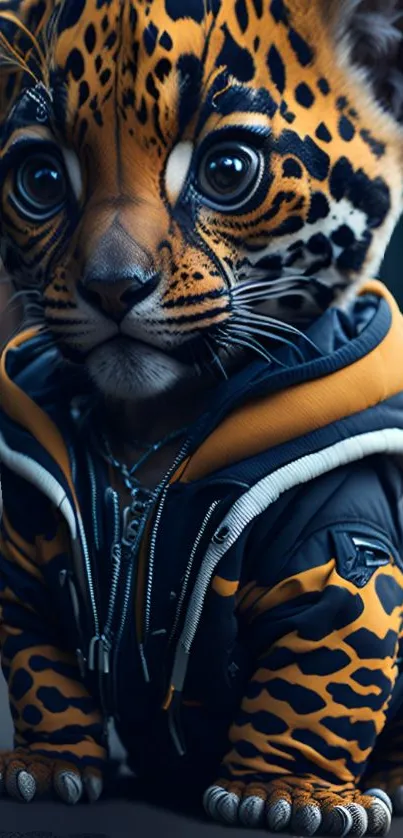 Adorable leopard cub in a stylish hoodie on mobile wallpaper.