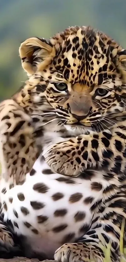 Adorable leopard cub sitting in a natural setting.