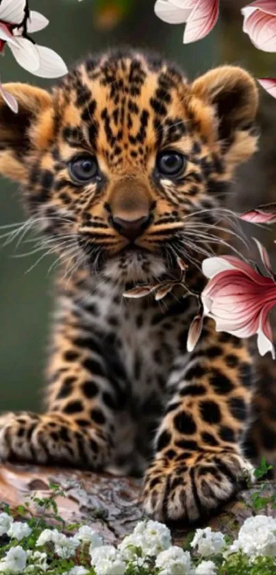 Cute leopard cub surrounded by floral elements in jungle setting.