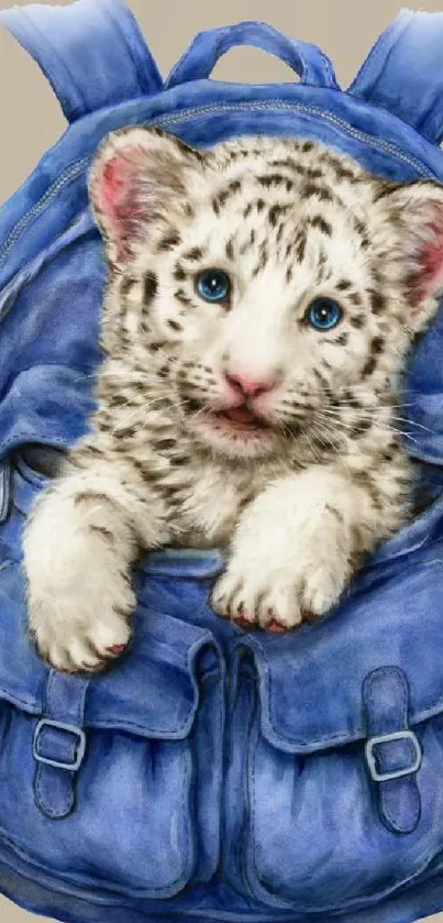 Cute leopard cub in blue backpack wallpaper.