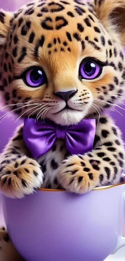 Cute leopard cub with purple eyes in a cup, wearing a bow tie.