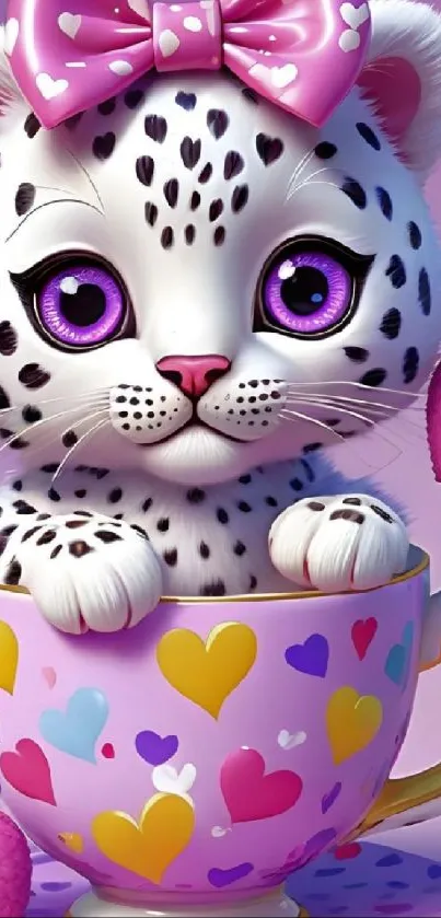 Cute cartoon leopard with bow in teacup, surrounded by hearts.