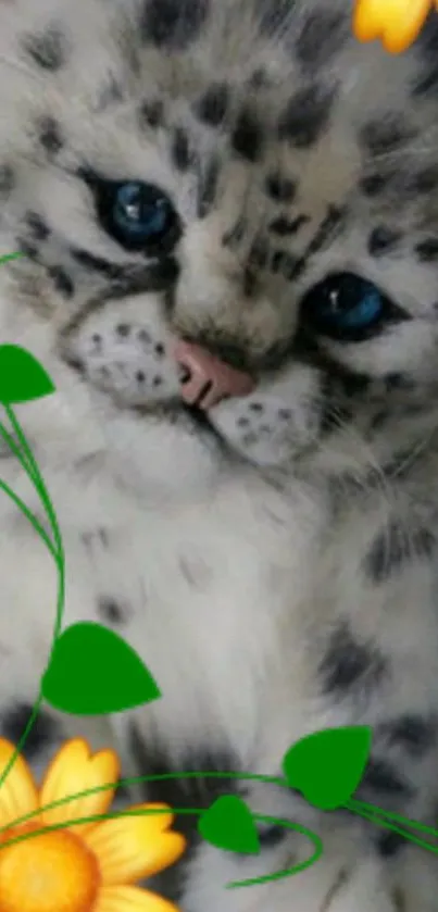 Cute snow leopard with flowers and vibrant green leaves.