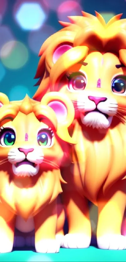 Cute cartoon lions on a colorful background, perfect for mobile wallpaper.