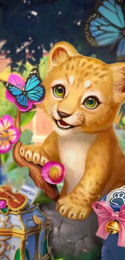 Cute lion cub with butterflies and flowers in vibrant colors.