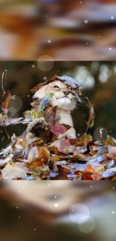 Lion cub playing in autumn leaves with bokeh.