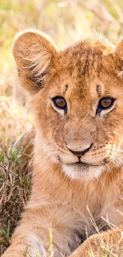 Adorable lion cub lying in grass, looking curious and charming.