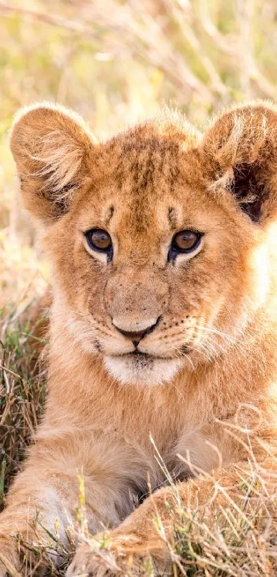 Adorable lion cub lying in grass, looking curiously.