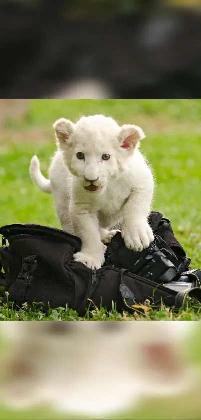 Cute white lion cub on bag in green grass.